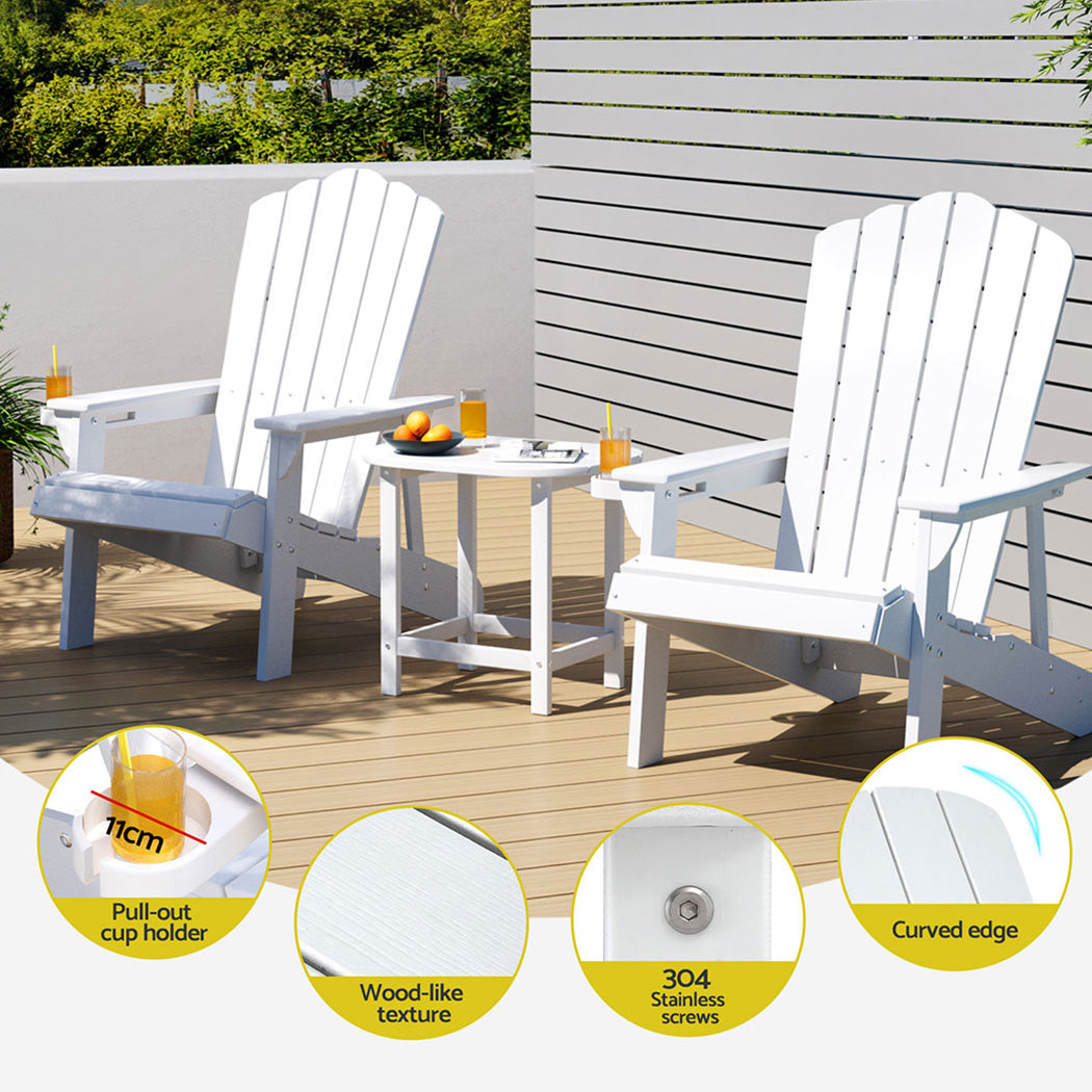 Gardeon 3-Piece Outdoor Furniture Set White Adirondack Chairs and Table