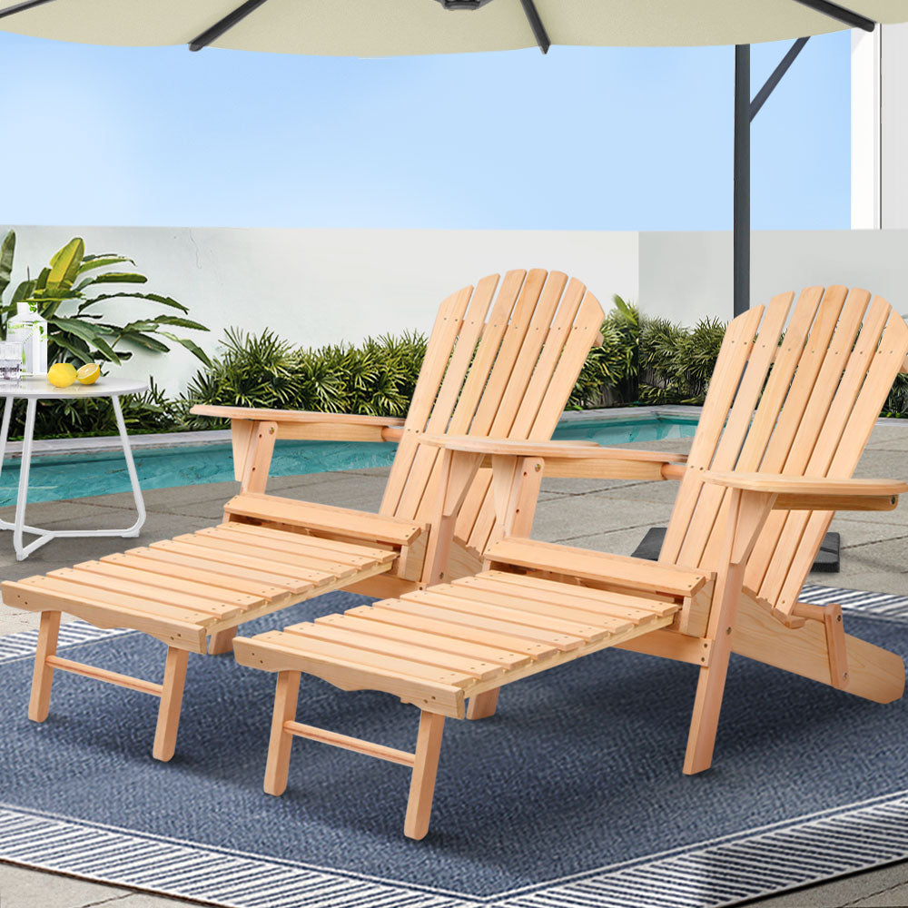 Gardeon 2PC Adirondack Wooden Outdoor Chairs Sun Lounge Patio Furniture Natural
