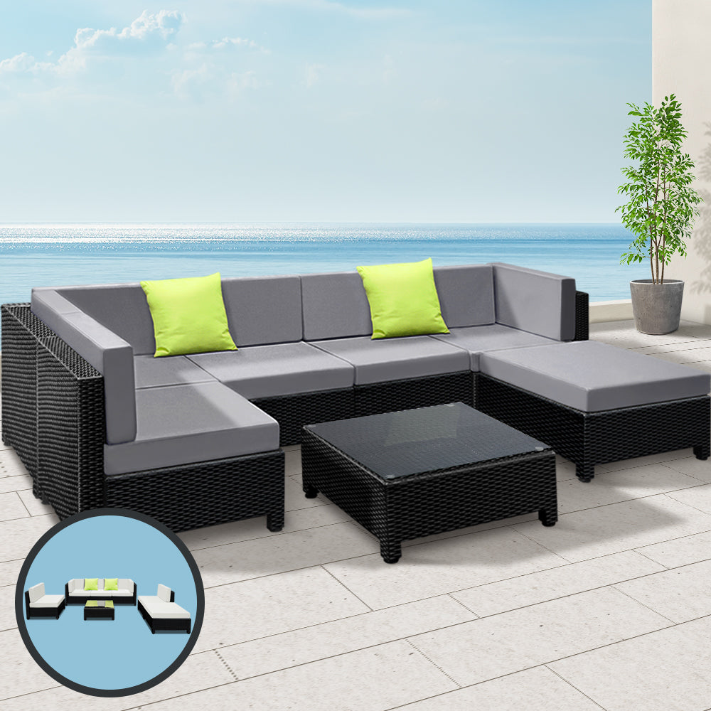 Bondi 7pc Outdoor Sofa Set Wicker Lounge Black/Grey with Beige Covers