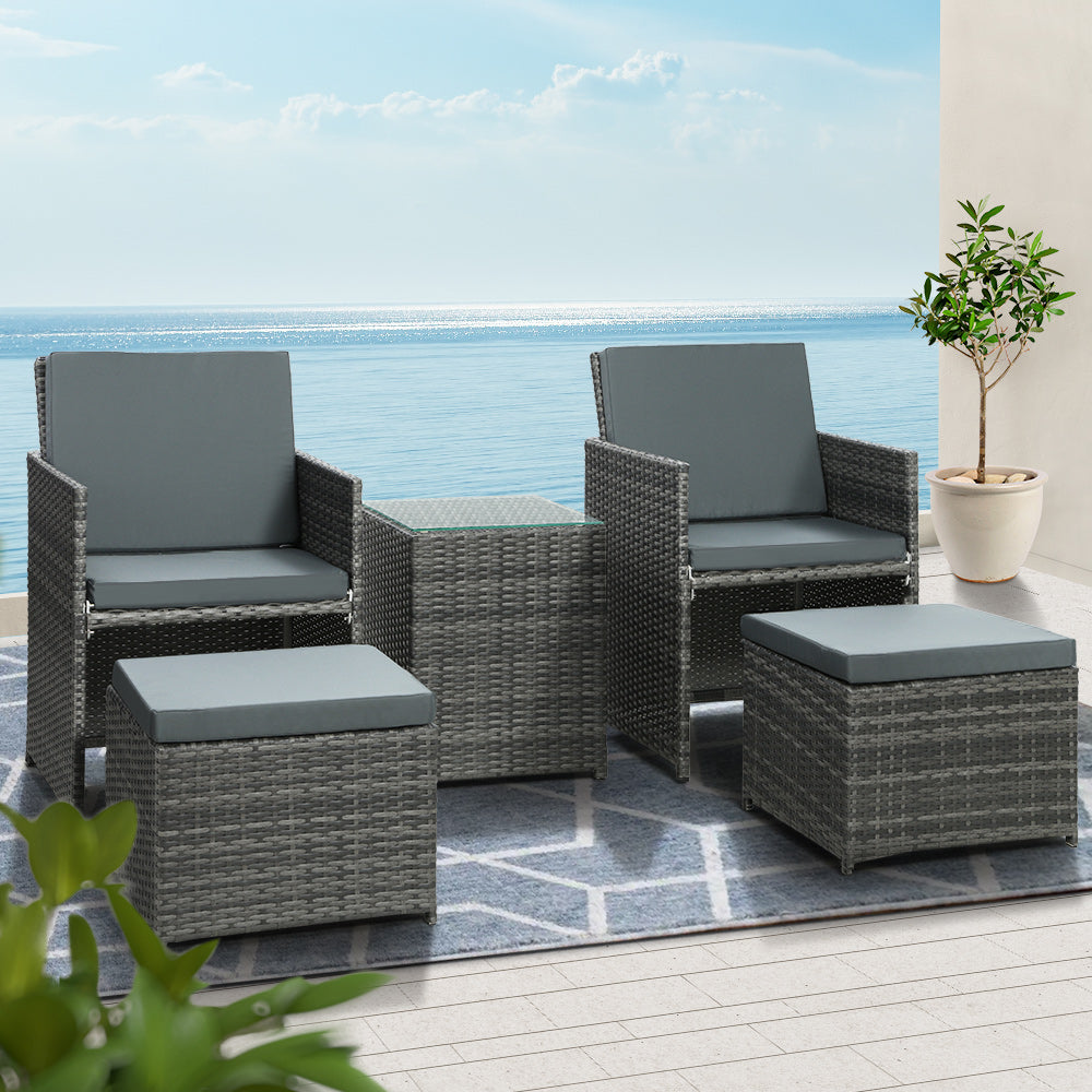Gardeon 5-Piece Outdoor Bistro Set Wicker Table Chairs Ottoman Grey