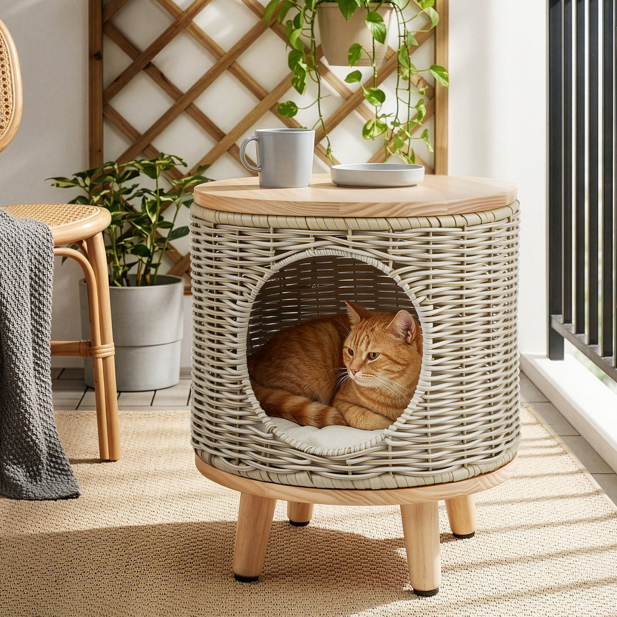 Gardeon Wicker Coffee Side Table with Pet Bed Natural