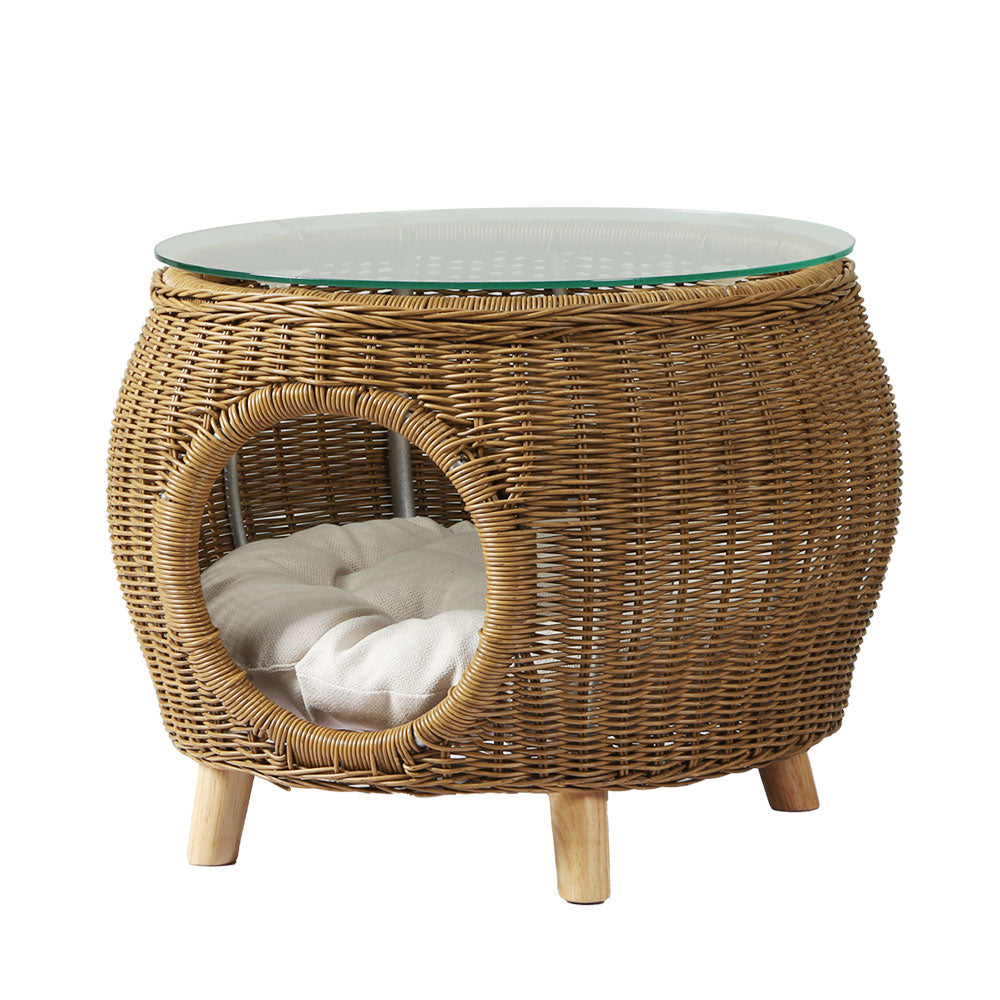 Gardeon Wicker Coffee Table with Pet Bed and Tempered Glass Top
