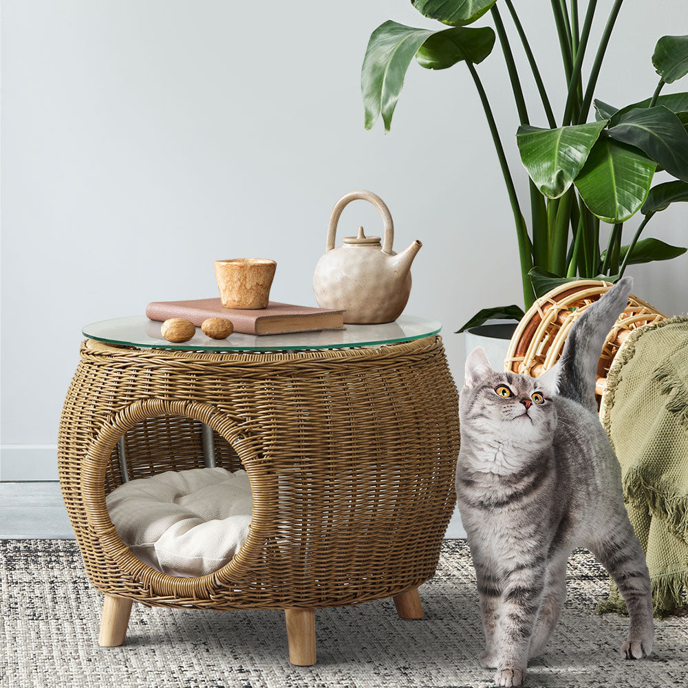 Gardeon Wicker Aluminium Coffee Side Table Pet Bed Yellow