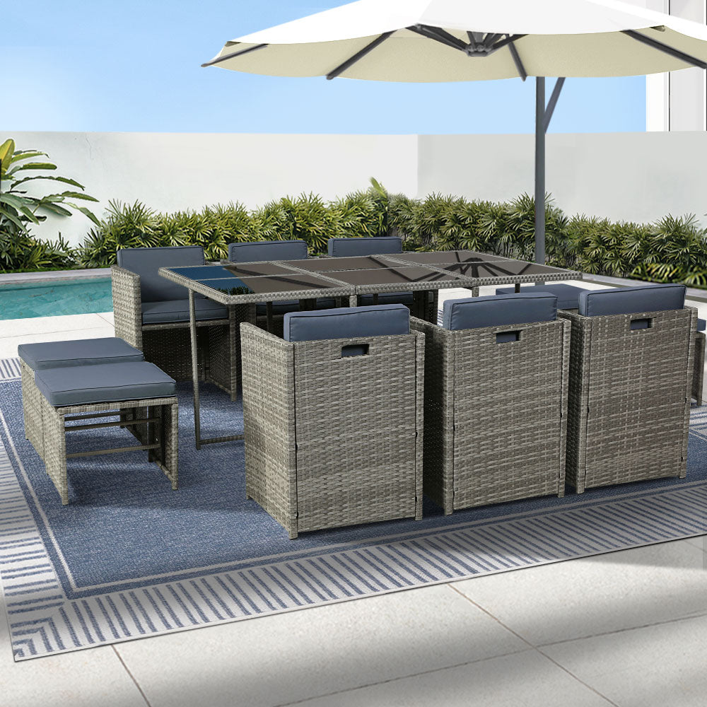 Gardeon 11-Piece Outdoor Dining Set Wicker Table Chairs Grey