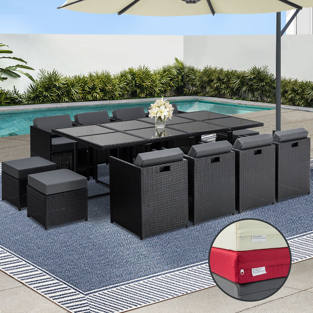 Hayman 13-Piece Outdoor Dining Set Wicker Table Chairs Black