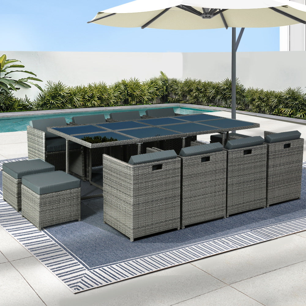 Gardeon 13-Piece Outdoor Dining Set Wicker Table Chairs Grey