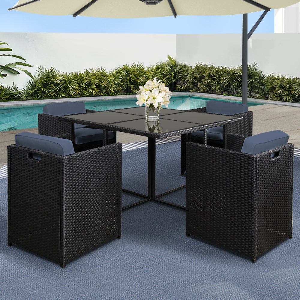 Rio 5 Piece Outdoor Wicker Dining Table Chairs Set Black