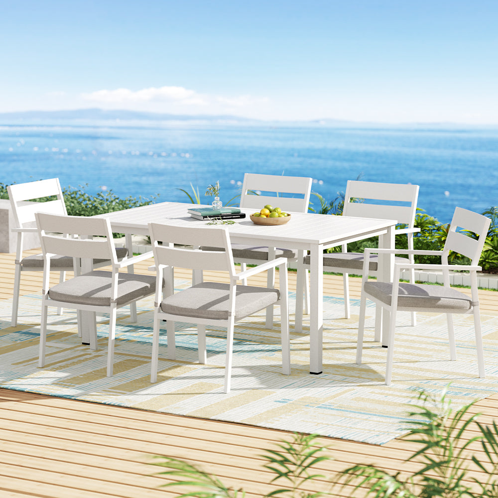 Gardeon 7-Piece Outdoor Dining Set Aluminium Table Chairs White
