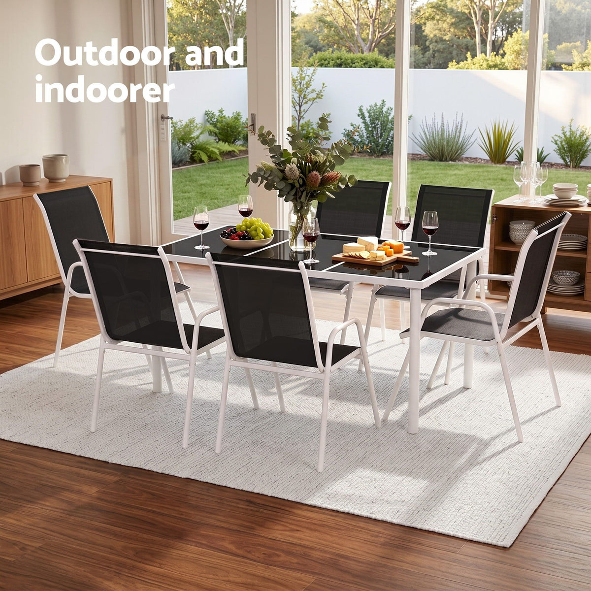 Gardeon 7 Piece Outdoor Dining Set Steel Textilene Patio Furniture Table and Chairs Black