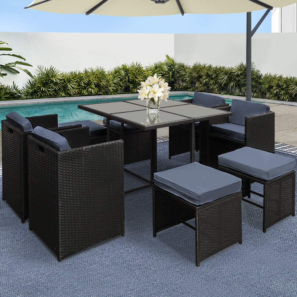 Hawaii 9 Piece Outdoor Dining Setting 8 Seater Wicker Black