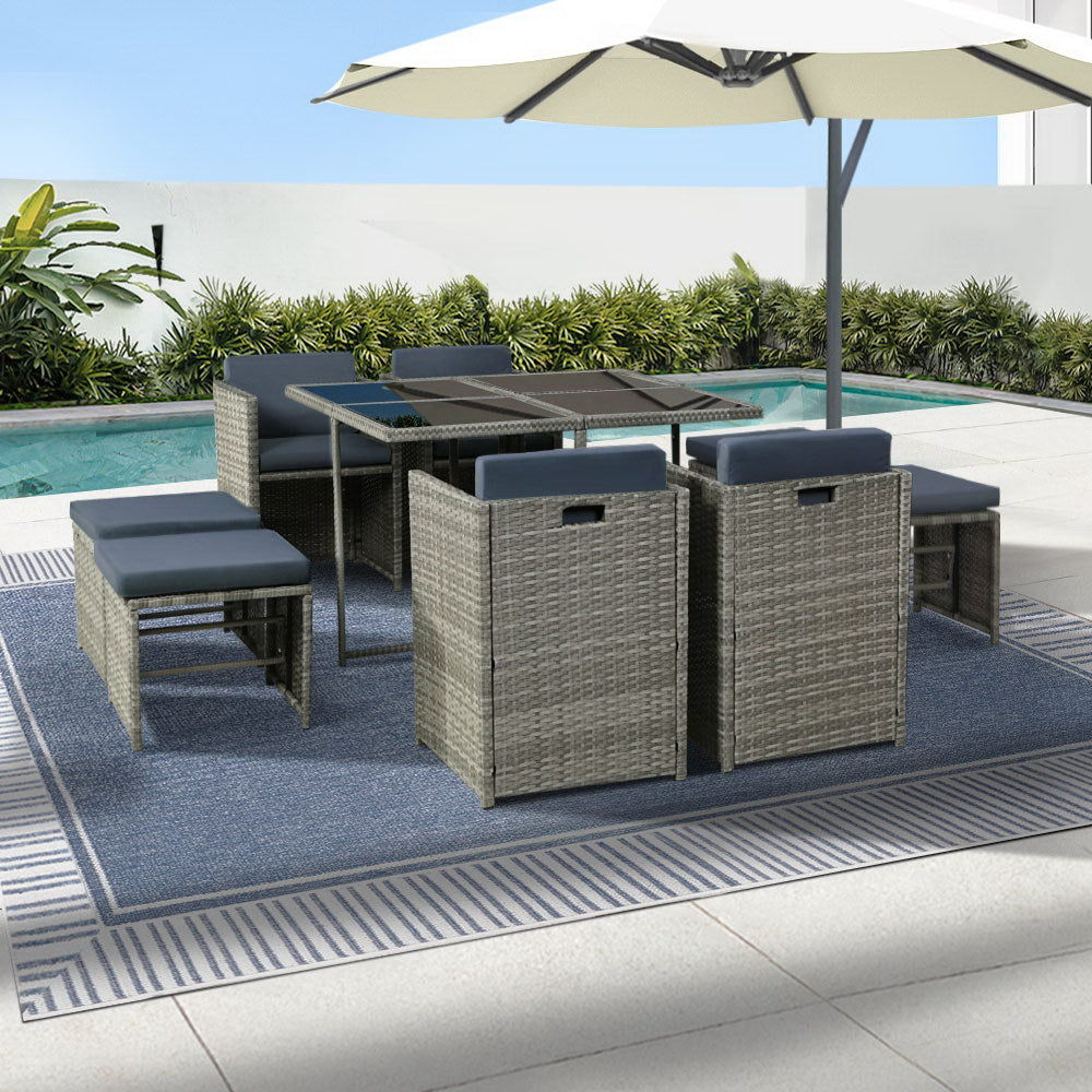 Gardeon 9-Piece Outdoor Dining Set Wicker Table Chairs Grey