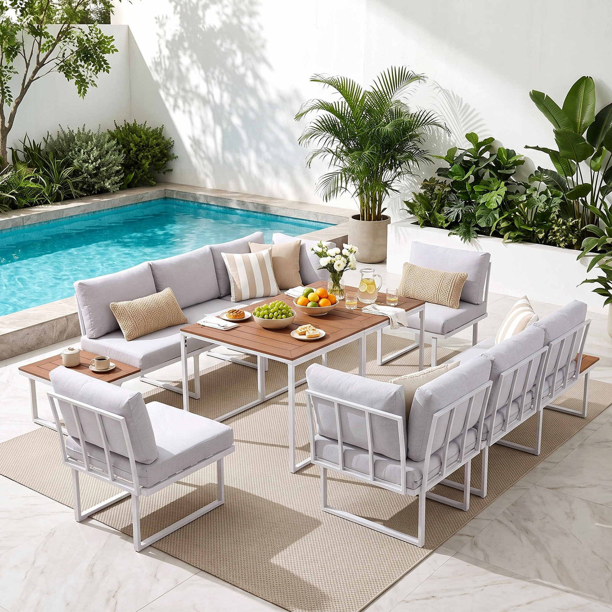 Gardeon 8 Seater Outdoor Dining Sofa Set with WPC Side Tables White