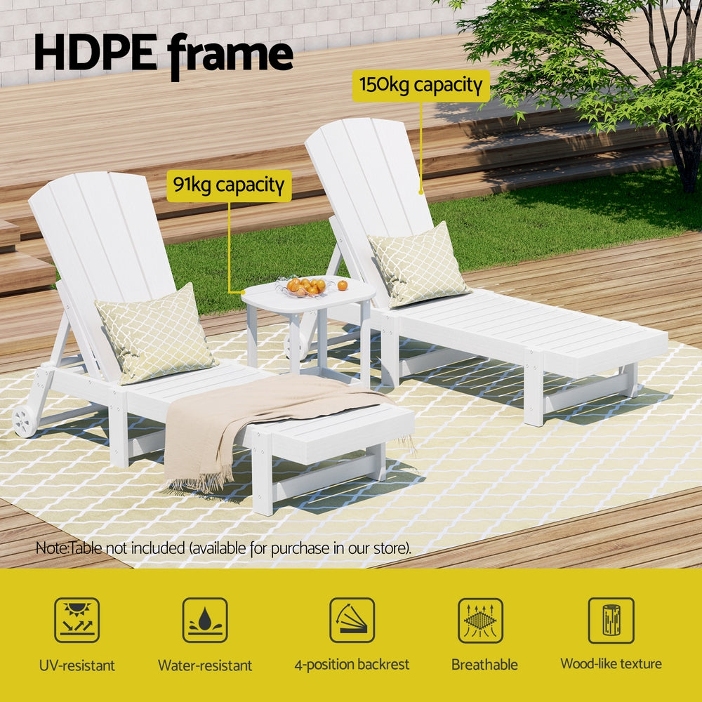 Gardeon Outdoor Furniture Set 3-Piece White HDPE Sun Loungers & Table