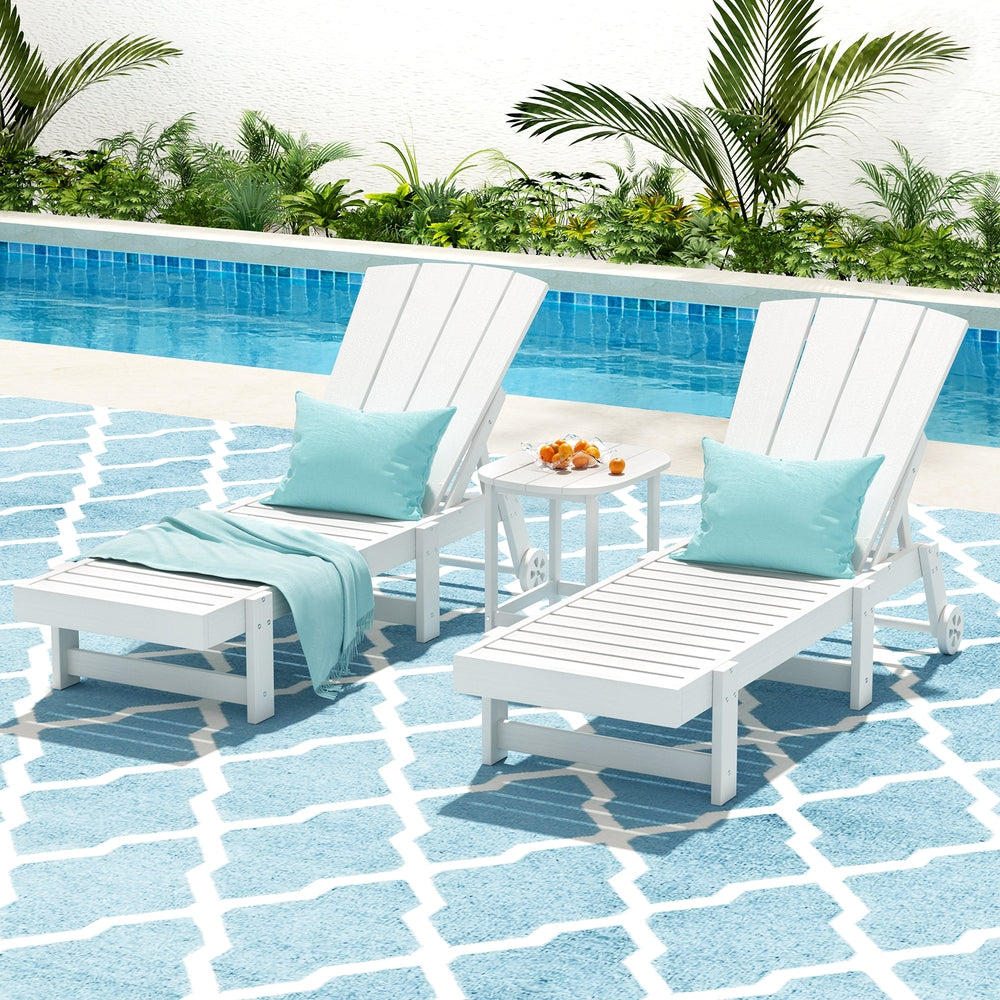 Gardeon Outdoor Furniture Set 3-Piece White HDPE Sun Loungers & Table
