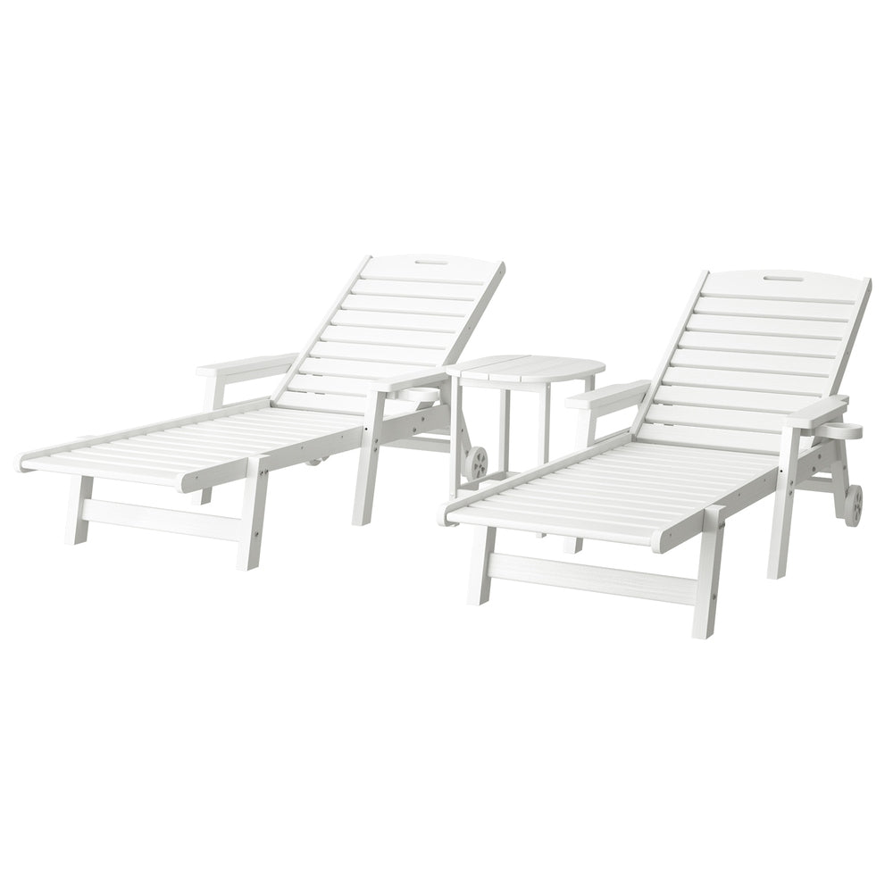 Gardeon 3-Piece Sun Lounger Set with Side Table HDPE White