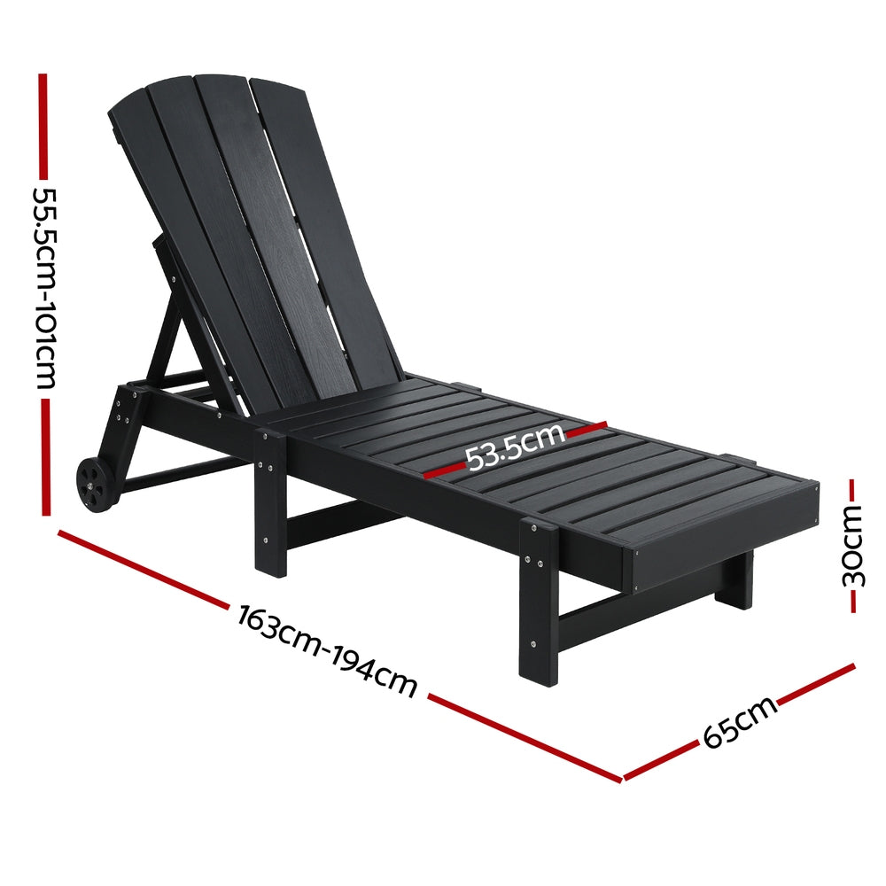 Gardeon Adjustable Sun Lounge Chair HDPE Black Outdoor Furniture with Wheels