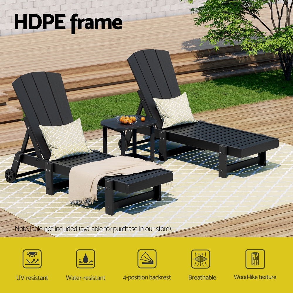 Gardeon Adjustable Sun Lounge Chair HDPE Black Outdoor Furniture with Wheels