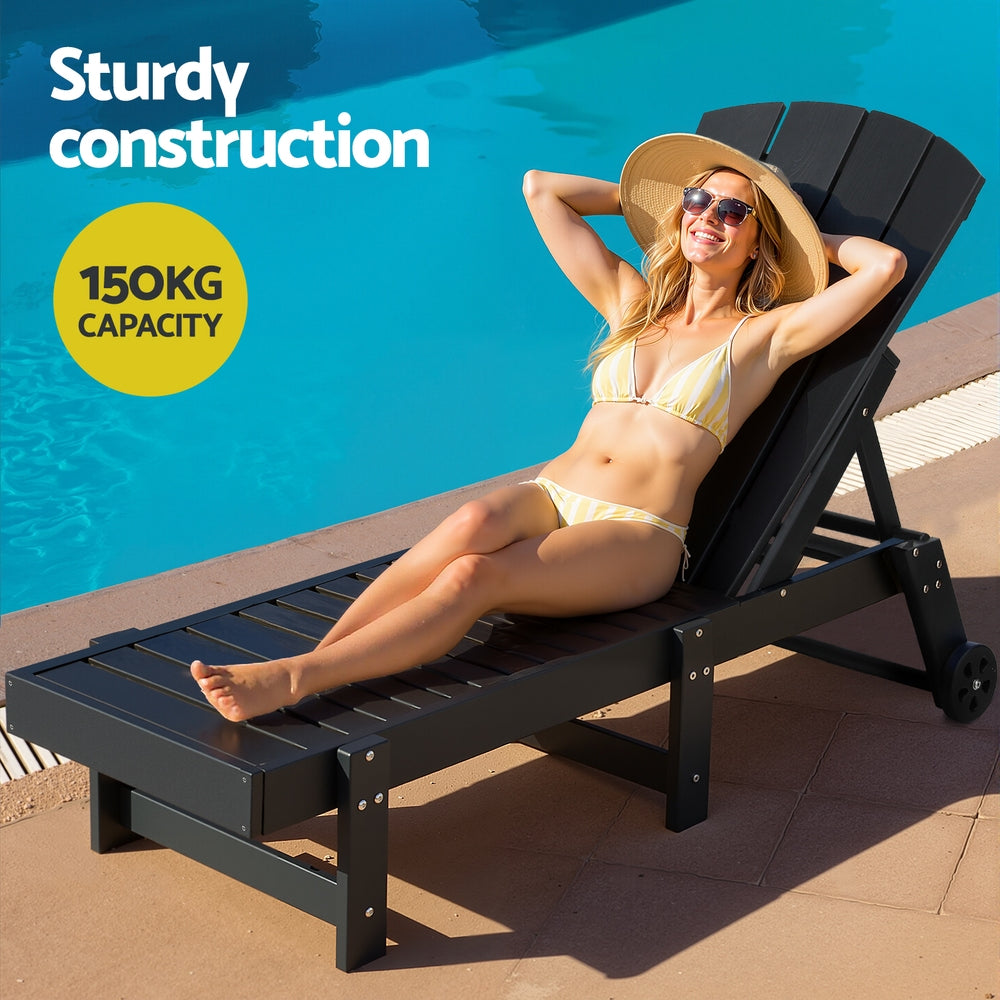 Gardeon Adjustable Sun Lounge Chair HDPE Black Outdoor Furniture with Wheels