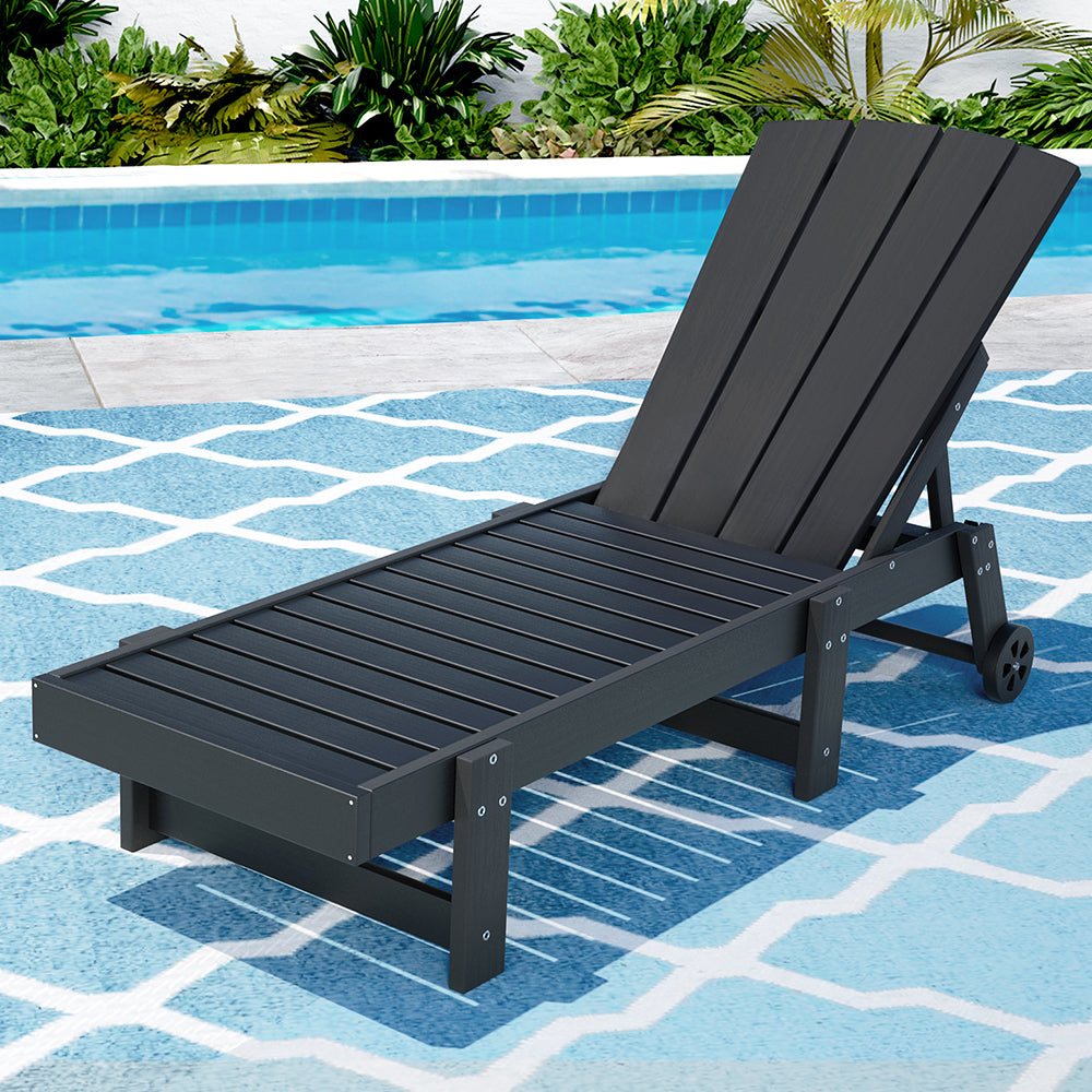 Gardeon Adjustable Sun Lounge Chair HDPE Black Outdoor Furniture with Wheels
