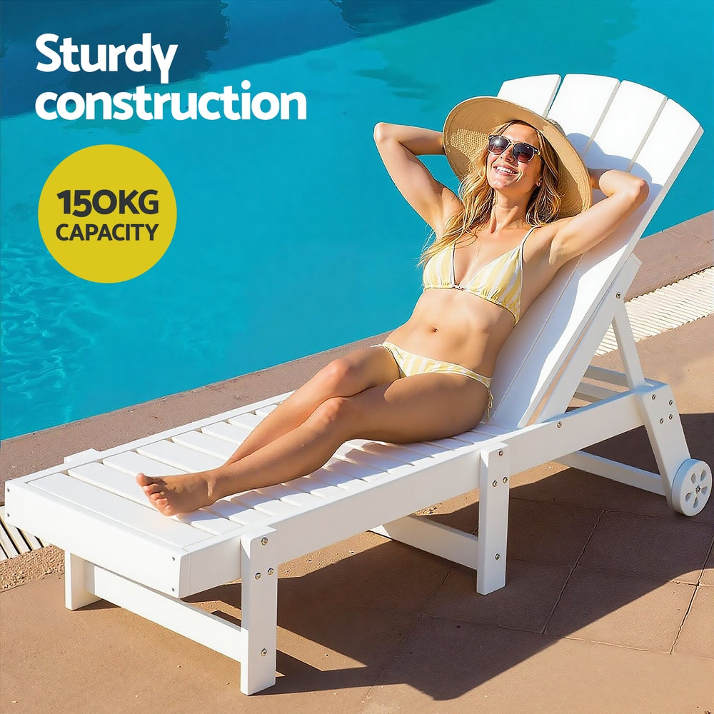 Gardeon White Adirondack Sun Lounge Chair HDPE Patio Furniture with Wheels