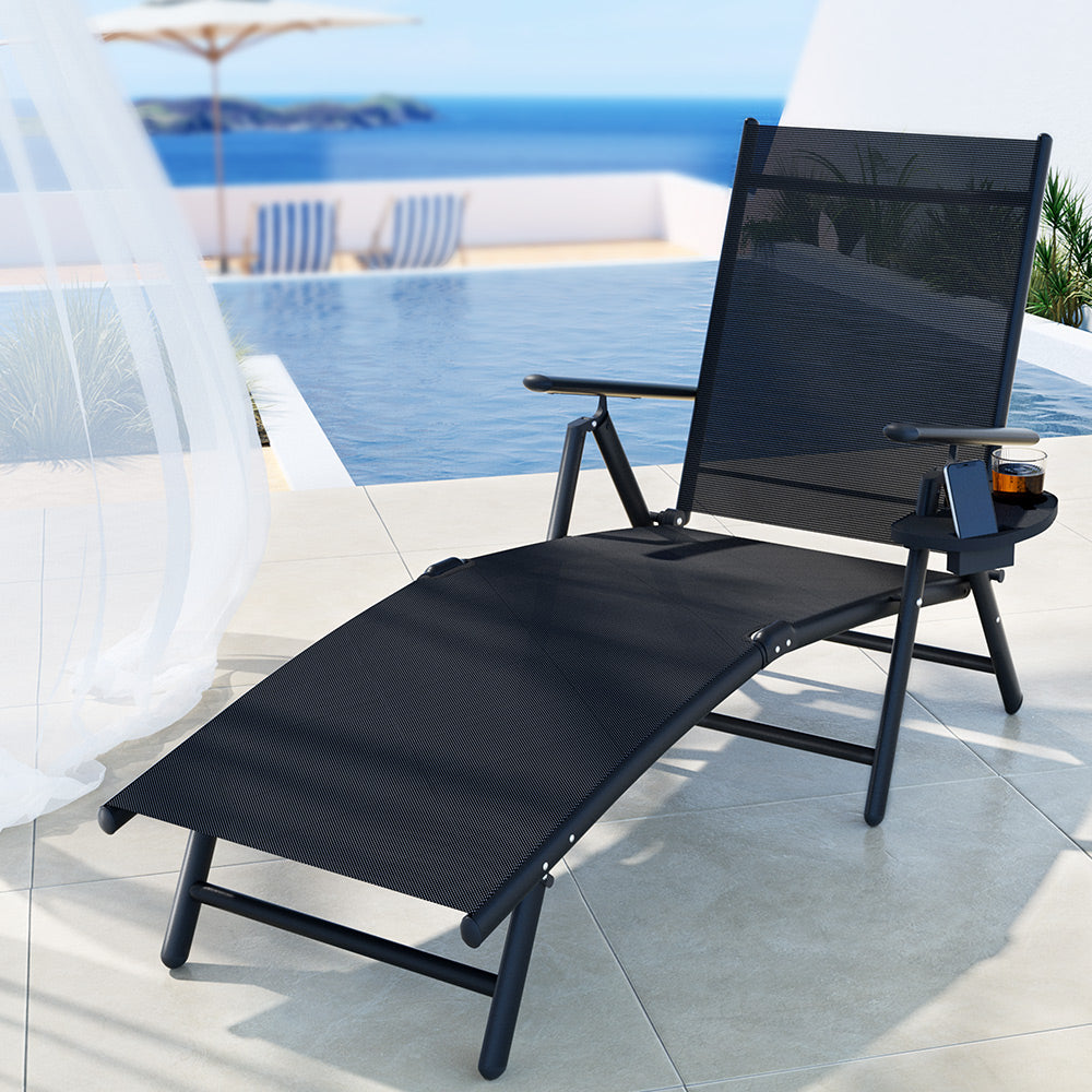 Gardeon Aluminium Folding Sun Lounger Black Adjustable Outdoor Chair