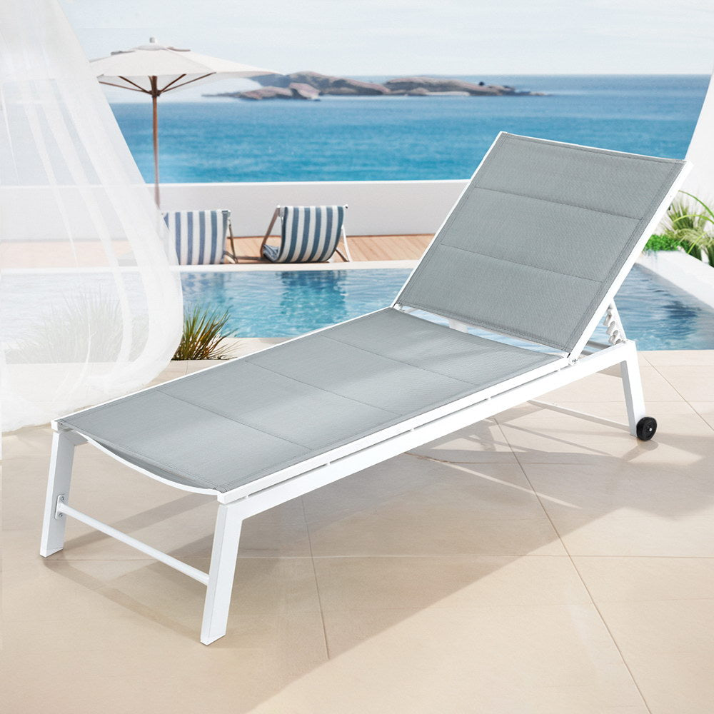 Gardeon Outdoor Chaise Lounge Sun Lounger Wheels White