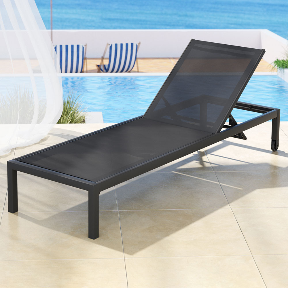 Gardeon Outdoor Aluminium Sun Lounger Folding Beach Chair Wheels Black