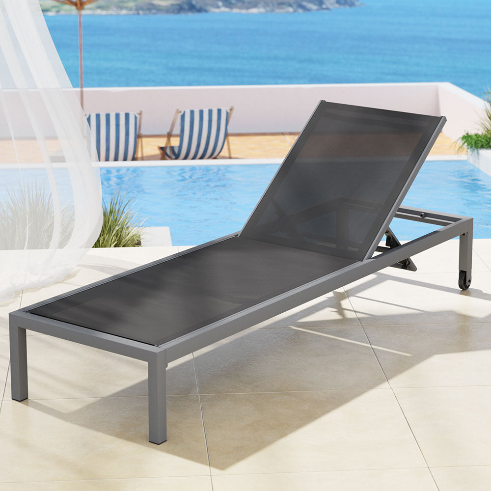 Gardeon Outdoor Sun Lounger Aluminium Folding Beach Chair Wheels Dark Grey