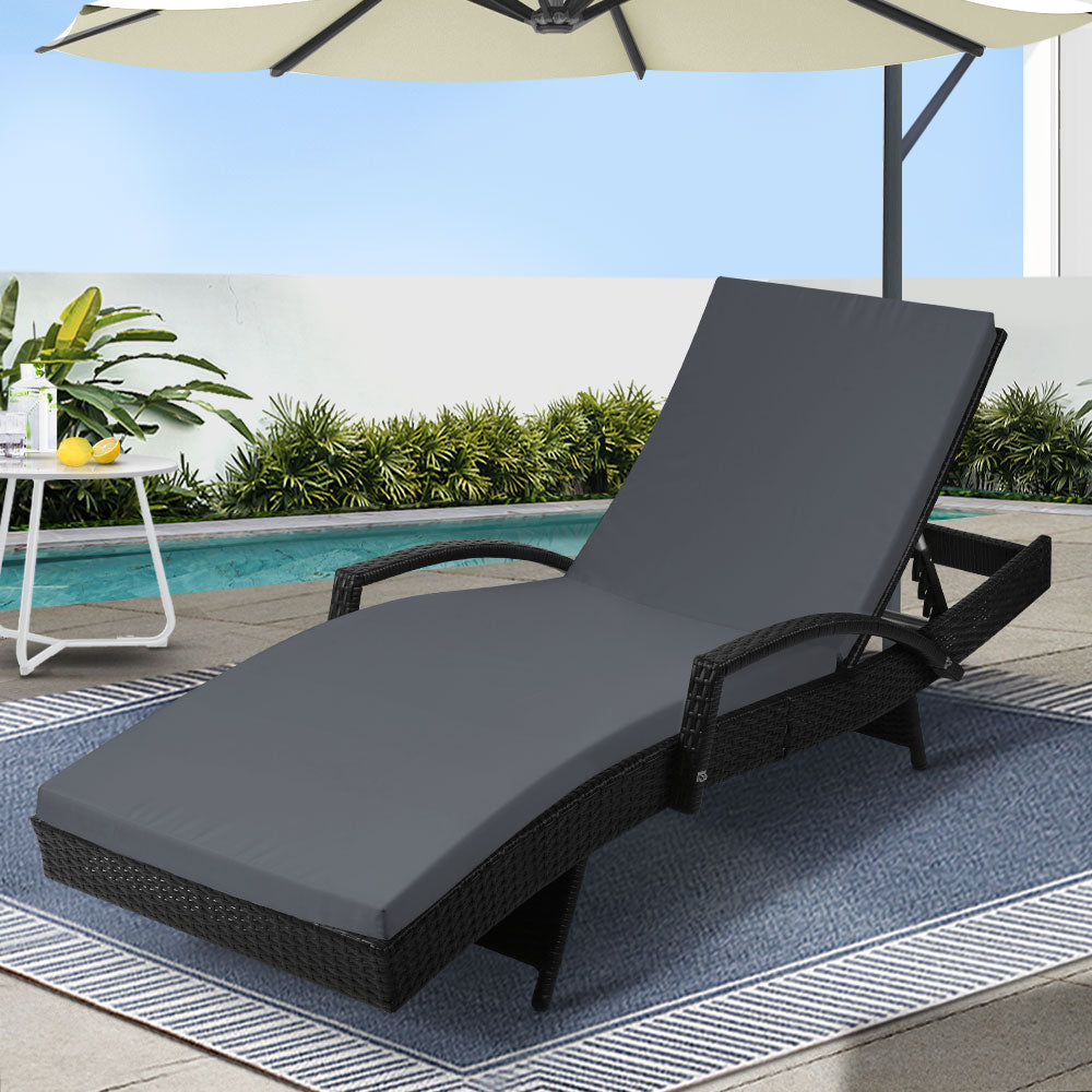 Gardeon Wicker Sun Lounger Outdoor Adjustable Beach Chair Black