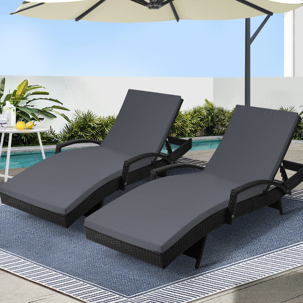 Gardeon 2PC Adjustable Wicker Sun Lounge Black Outdoor Furniture