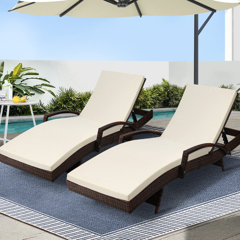 Gardeon 2PC Outdoor Wicker Sun Lounge Adjustable Brown