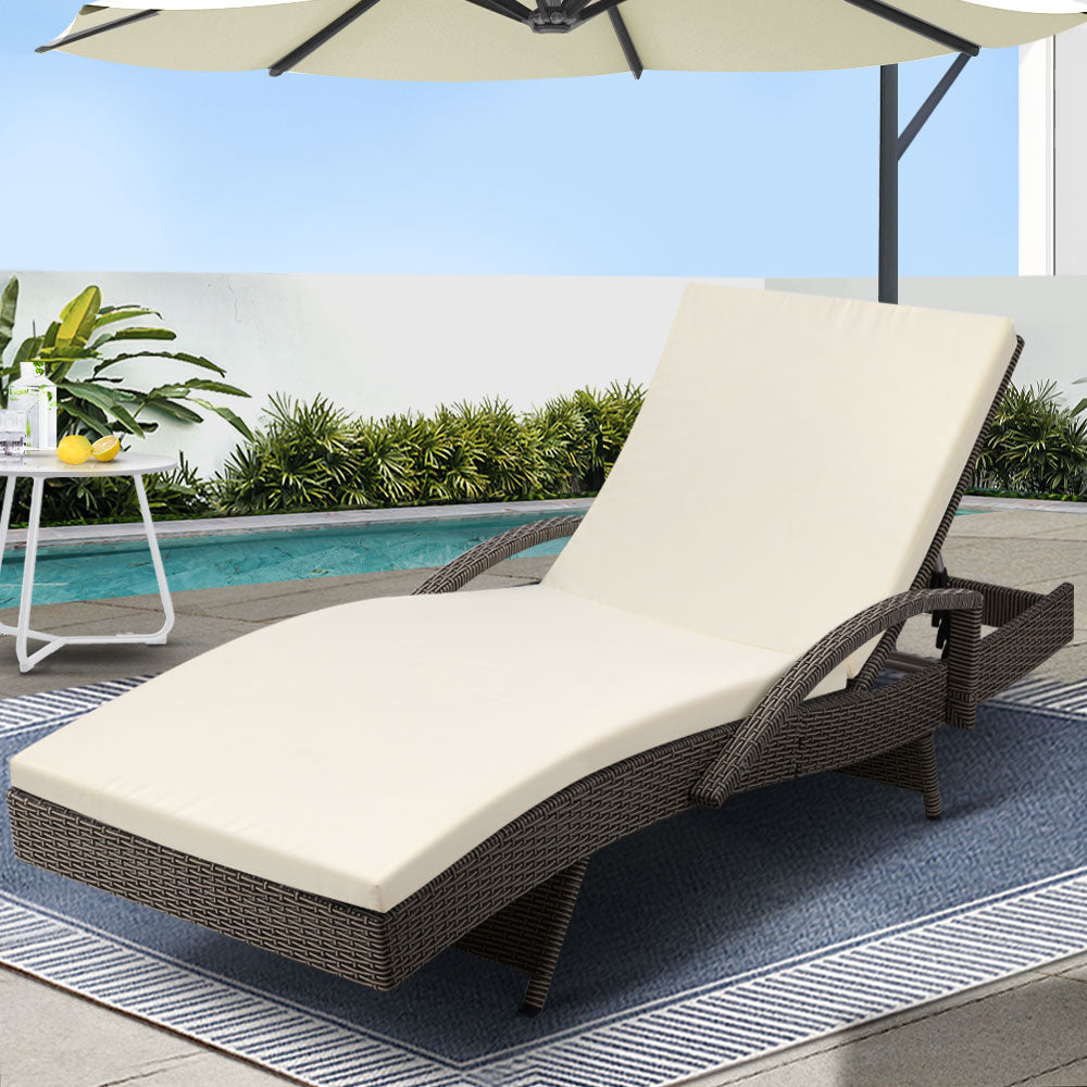 Gardeon Outdoor Wicker Sun Lounge Adjustable Beach Chair Grey Beige