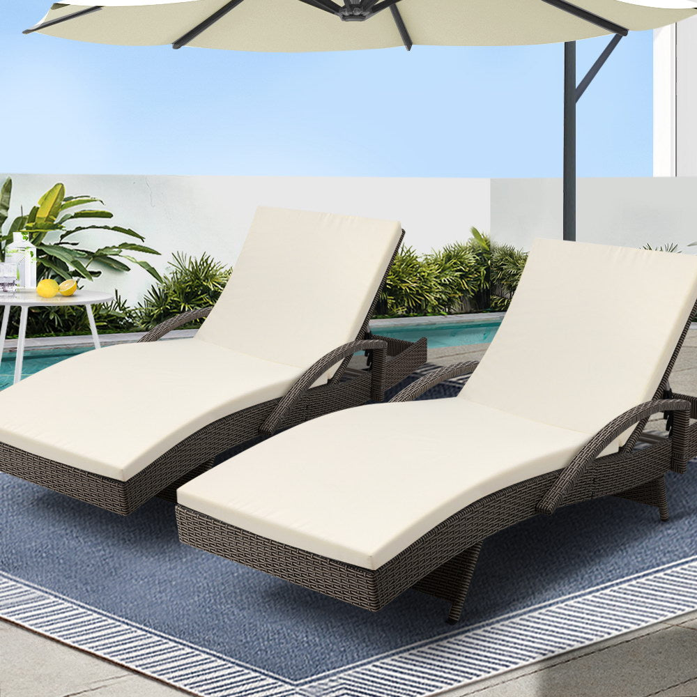 Gardeon Outdoor Wicker Sun Lounge Set Adjustable Cushions Grey & Beige