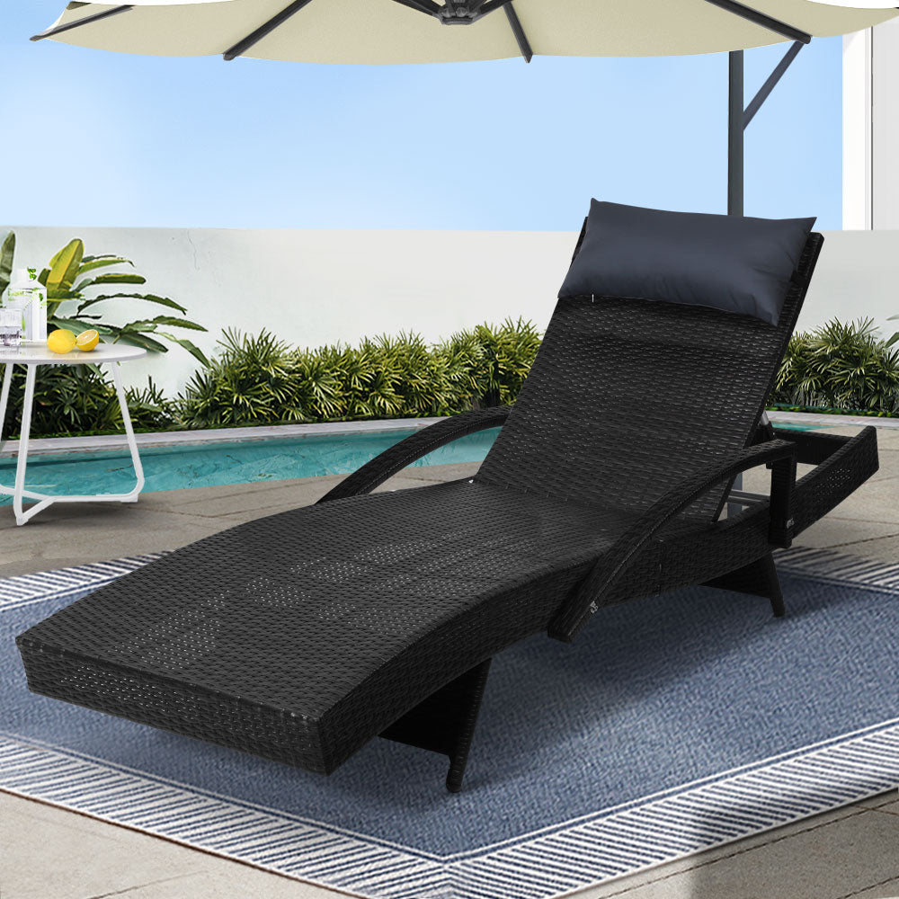 Gardeon Sun Lounge Wicker Outdoor Lounger Adjustable Black
