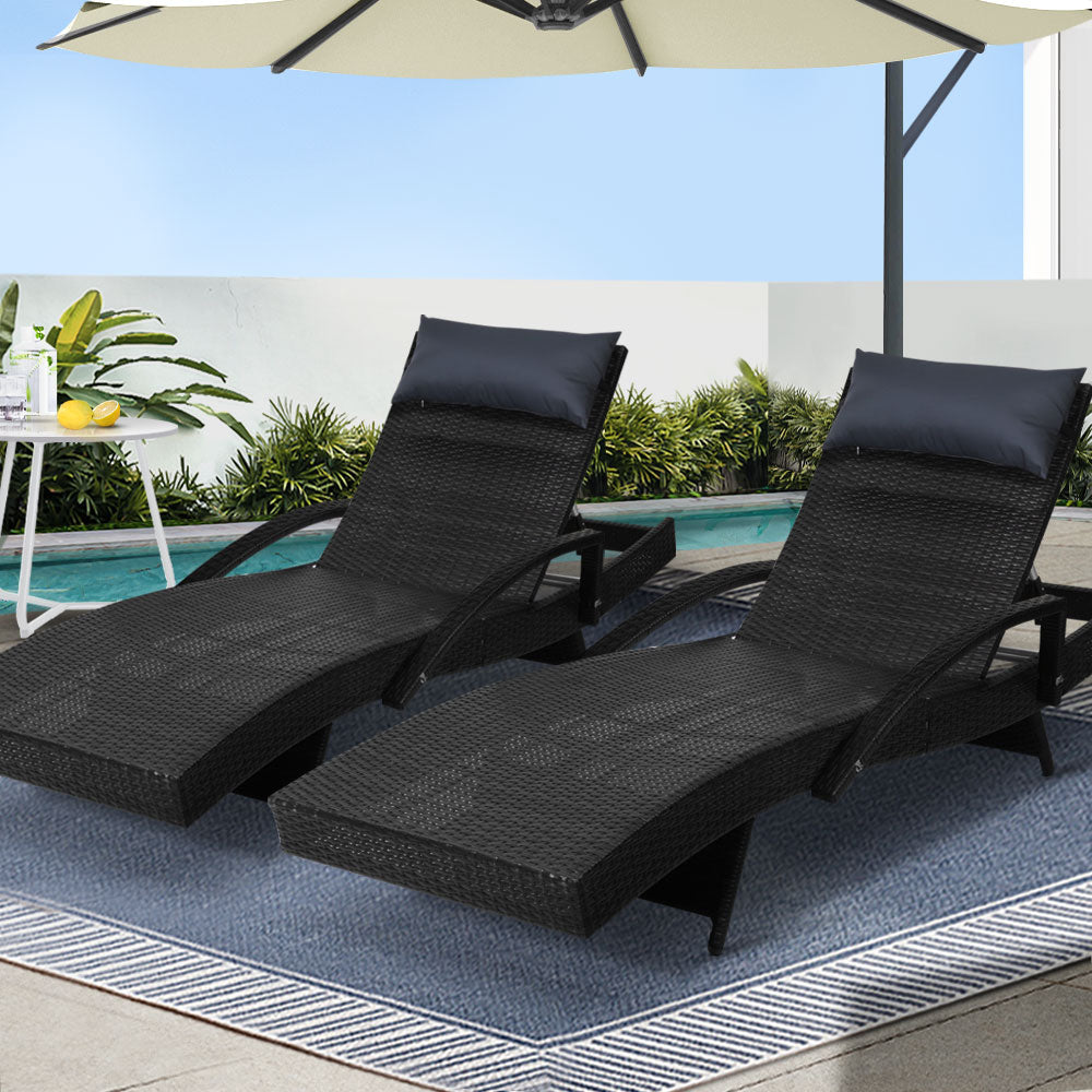 Gardeon Sun Lounge Wicker Outdoor Lounger 2x Black