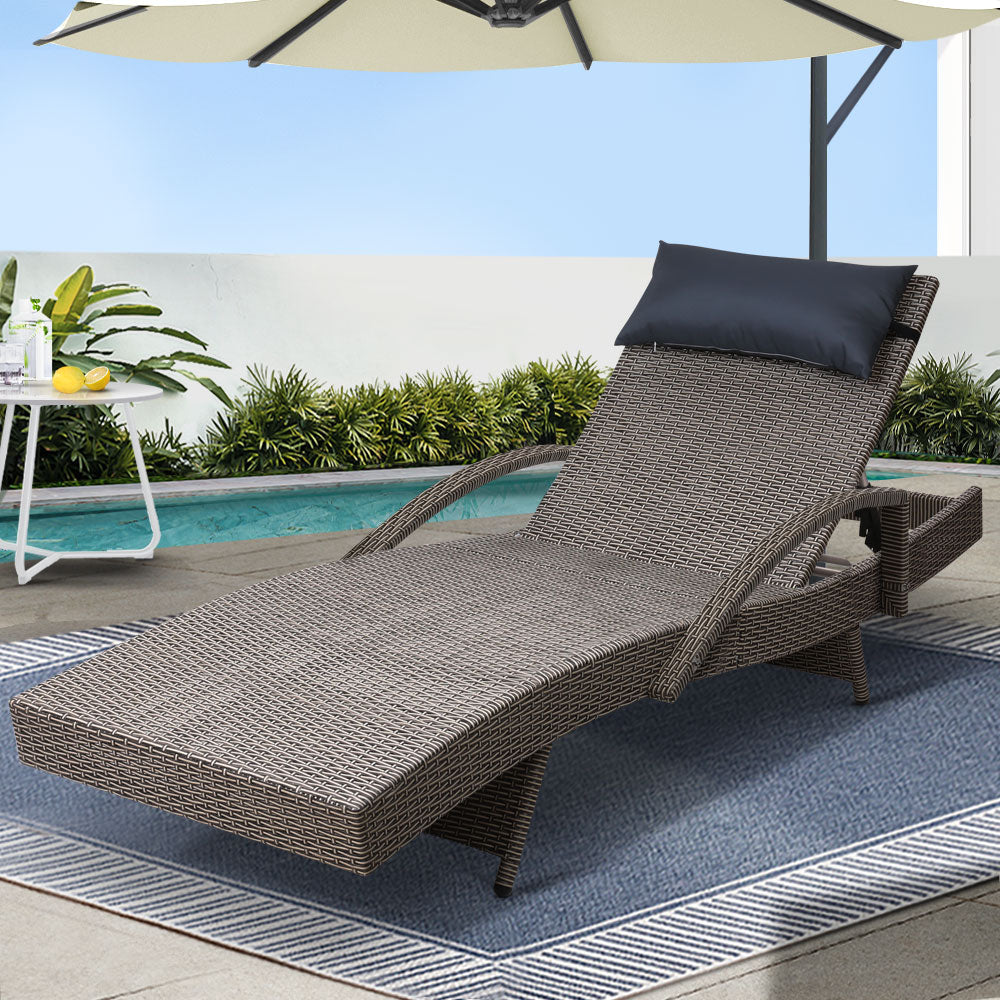 Gardeon Wicker Sun Lounger Adjustable Outdoor Armchair Grey&Beige