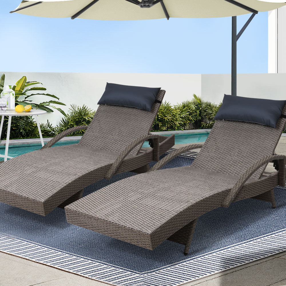 Gardeon Outdoor Wicker Sun Lounge Set Adjustable Grey & Beige