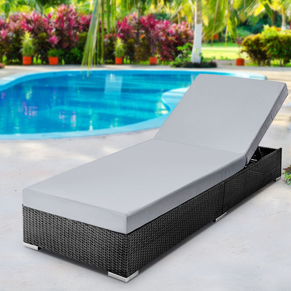 Gardeon Adjustable Wicker Sun Lounge Outdoor Day Bed Black