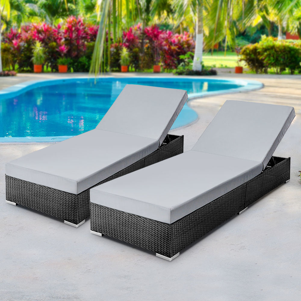 Gardeon Outdoor Wicker Sun Lounge Set Adjustable Rattan Day Bed Black