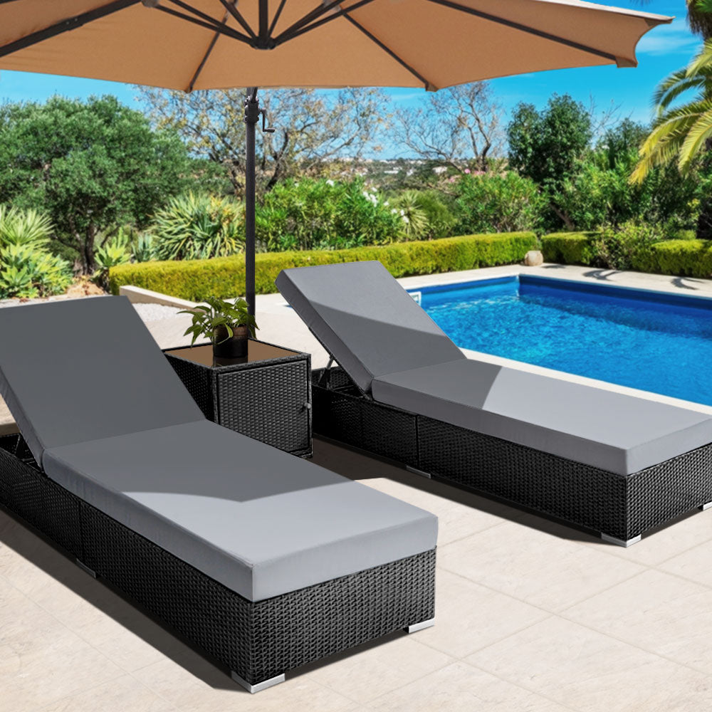 Gardeon 3PC Outdoor Sun Lounge Set Wicker Rattan Black