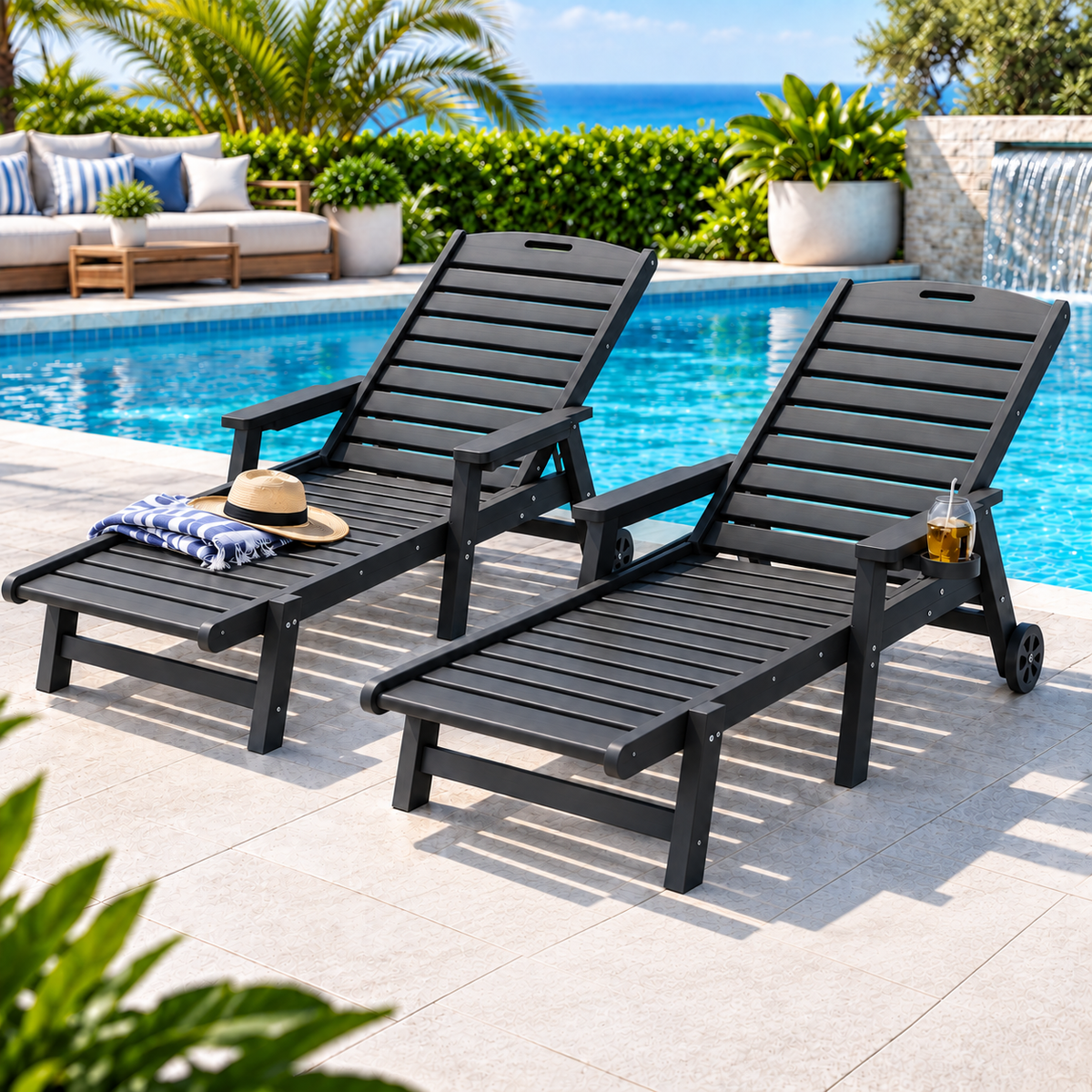 Gardeon 2PCS Sun Lounger Outdoor Recliner Chair with Wheels Black
