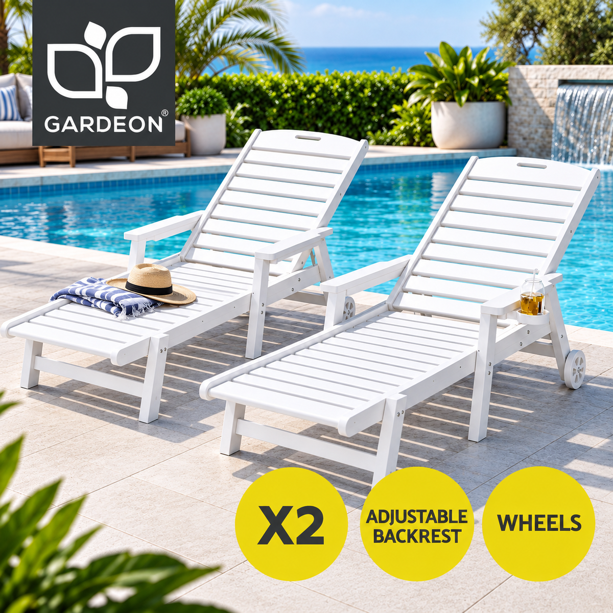 Gardeon 2 Piece Sun Lounger Set Outdoor Chaise with Wheels White