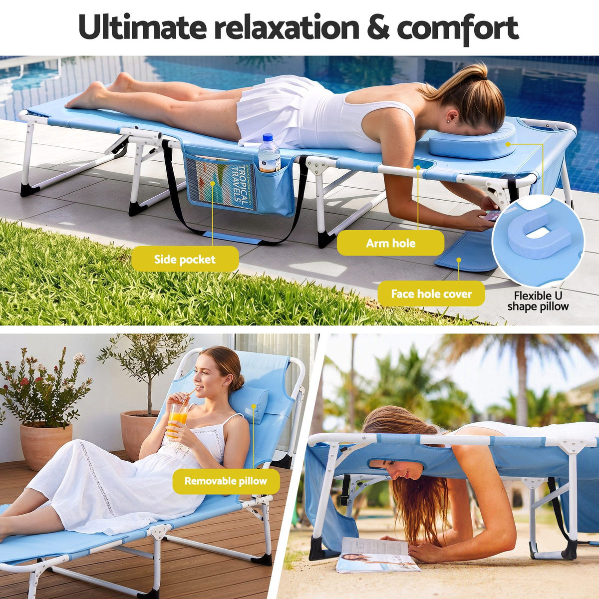 Gardeon Sun Lounger 5 Position Folding Tanning Chair with Face Hole Blue