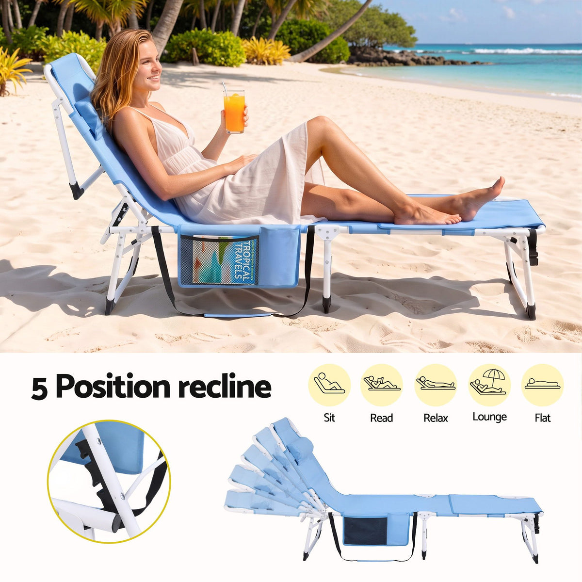 Gardeon Sun Lounger 5 Position Folding Tanning Chair with Face Hole Blue