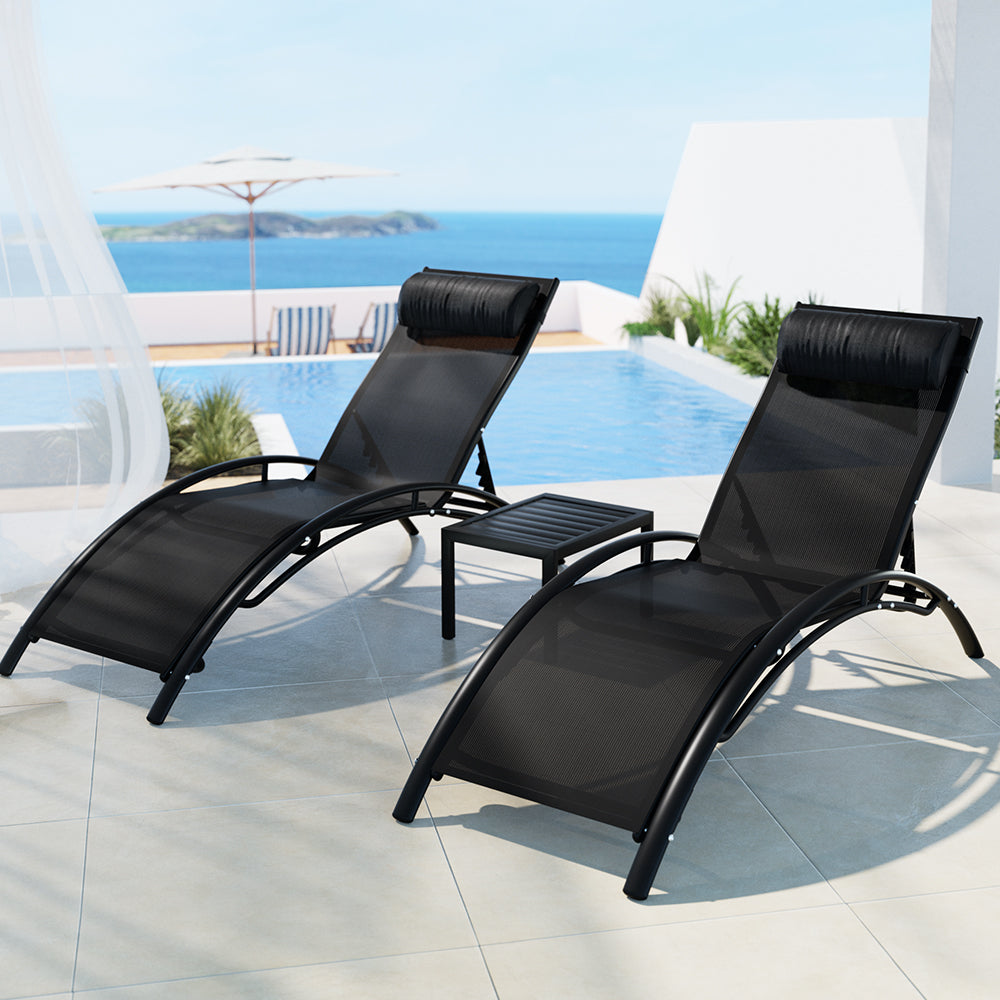 Gardeon 3PC Outdoor Sun Lounge Set Steel Frame Black