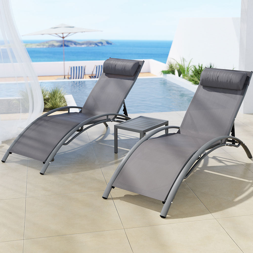 Gardeon 3PC Outdoor Sun Lounge Set Steel Grey