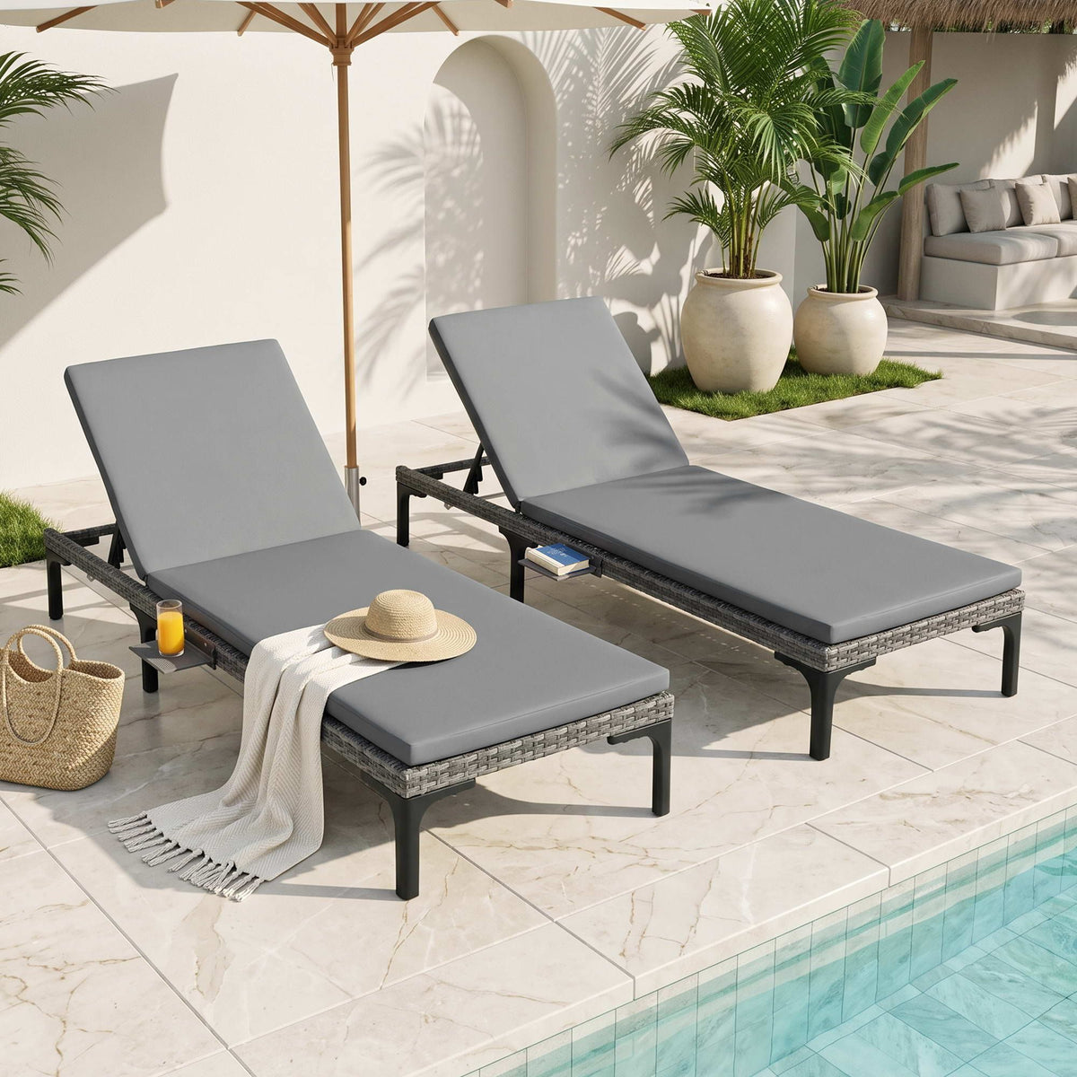 Gardeon 2 Piece PE Rattan Sun Lounger Set with Cup Holder