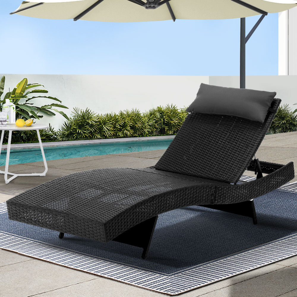 Gardeon Sun Lounge Wicker Outdoor Lounger Adjustable Black
