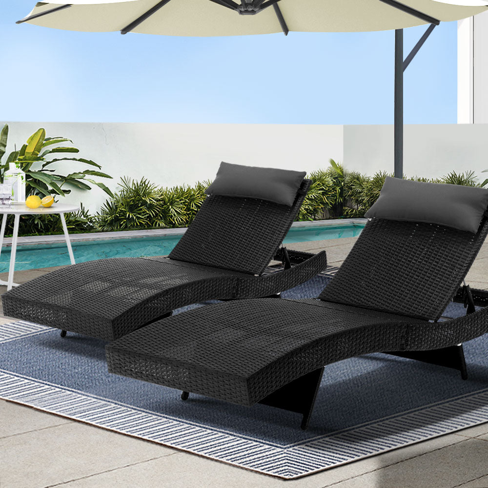 Gardeon 2PC Sun Lounger Set Wicker Outdoor Adjustable Black