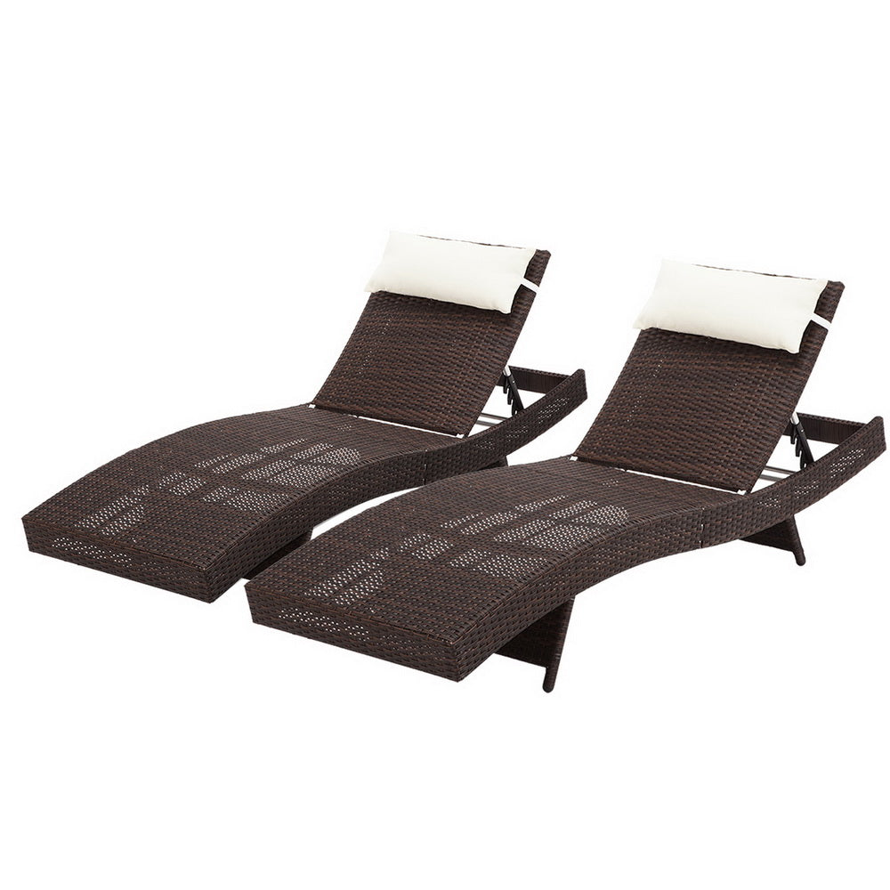 Gardeon 2PC Adjustable Wicker Sun Lounge Outdoor Beach Chair Brown